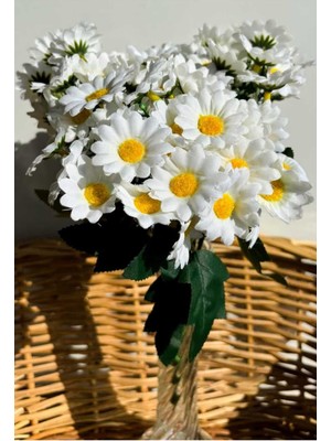 Beyaz Yapay Papatya Dekoratif Çiçek 30 Cm, 5 Dal, 25 Çiçek, Gerçek Görünüm