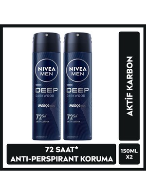 NIVEA MEN Erkek Sprey Deodorant Deep Dimension Aktif Karbon 150ml, 72 Saat Anti-perspirant, X2 Adet, Maskülen Koku, Ter Kokusu, Terleme Karşıtı
