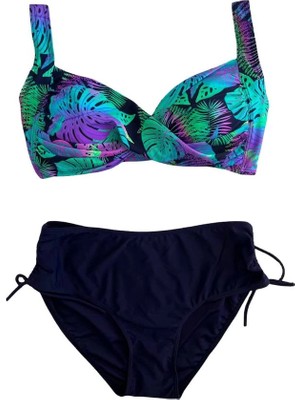 Kadın Lacivert Turkuaz Desenli Astarlı Bikini Takımı HZL25S-LC3832