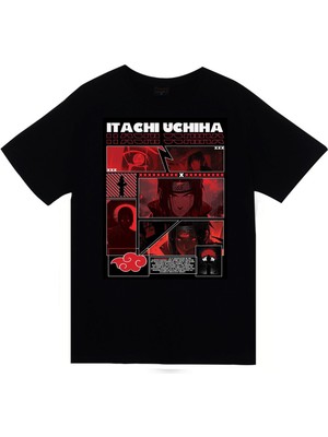 Naruto Itachi Uchiha Anime Baskılı Unisex %100 Pamuk Siyah T-Shirt