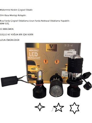 H4 Mercekli LED Zenon Şimşek Etkili Pro 60WGÜÇ -22.000 Lümen Uzun Ömürlü Çizgisel Odak
