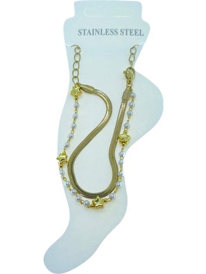 Altın Renk Italyan Yıldız Sıra Inci Çelik Halhal - 3497