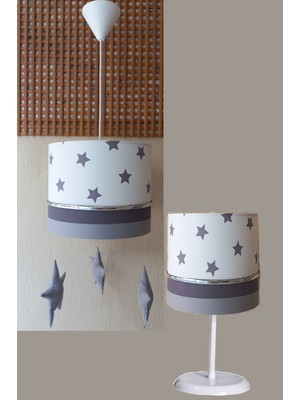 Beyaz Gri Sarkıtlı Yıldızlı Kumaş Kaplama 2.li Set Çocuk Odası ve Bebek Odası Avize ve Abajur Takımı