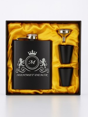 Isme Özel Aslan Motifli Siyah Çelik Matara Hediye Seti Özel Kutusunda Cep Matarası 2 Shot Bardaklı