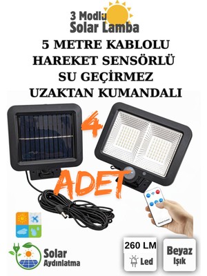 4 Adet Güneş Enerjili 260 Lümen Hareket Sensörlü Kumandalı Bahçe Balkon Aydınlatma Sokak Lambası