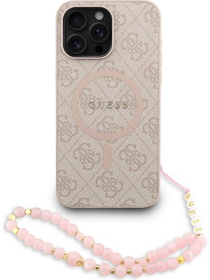 iPhone 15 Pro Max Uyumlu Kılıf Guess Lisanslı M-Safe Uyumlu Bilek Askı Ipli Yazı Logolu Kapak Pembe