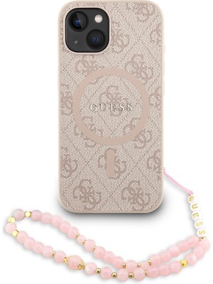 iPhone 14 Uyumlu Kılıf Guess Lisanslı M-Safe Uyumlu Bilek Askı Ipli Yazı Logolu Kapak Pembe
