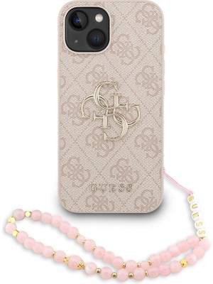 iPhone 14 Uyumlu Kılıf Guess Lisanslı Bilek Askı Ipli Metal 4g ve Yazı Logolu Kapak Pembe