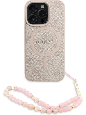 iPhone 16 Pro Max Uyumlu Kılıf Guess Lisanslı M-Safe Uyumlu Bilek Askı Ipli Yazı Logolu Kapak Pembe