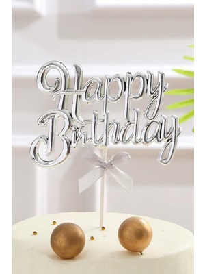 Gümüş Renk Happy Birthday Yazılı Pasta Süsü