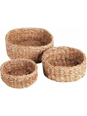 Beyaz Yuvarlak Bambu Rattan 3’lü Lüx Sepet Seti, Şık ve Dayanıklı Ev Dekoru.