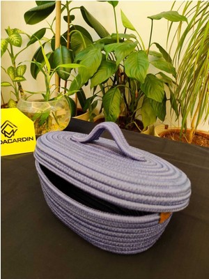 Lacivert Jüt Hasır Oval Sepet, Kapaklı Organizer, 30X20X16 cm