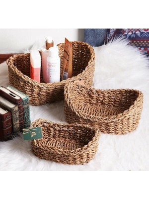 3'lü Oval Hasır Sepet Seti, Çok Amaçlı Dekoratif ve Organizatör, Kahverengi