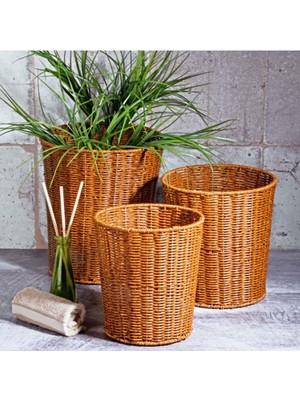 Şık Kahverengi Rattan Hasır 3'lü Yuvarlak Sepet Seti
