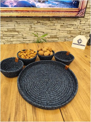 Hasır ve Jüt 5 Parça Sunum Çerez Takımı, Tepsili, Şık ve Doğal Görünüm