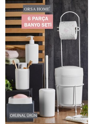 Beyaz 6'lı Banyo Seti, Metal Stantlı Çöp Kovası, Wc Kağıtlık ve Tuvalet Fırçası