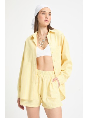Sarı Beyaz Çizgili Oversize Gömlek/şort Alt-Üst Takım 27381