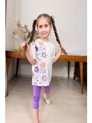 Yeni Sezon Çiçek Desenli Lila Renk Kapri Taytlı Kız Çocuk Takım