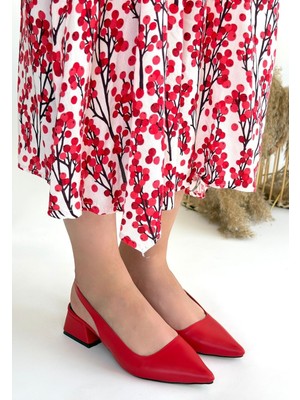 Sivri Burun Topuklu Ayakkabı Cilt Kırmızı Topuk Boyu 3 cm