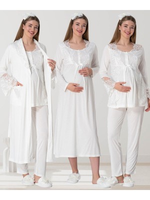 Mecit 5355 Ekru Lohusa Sabahlık Pijama Gecelik Takım