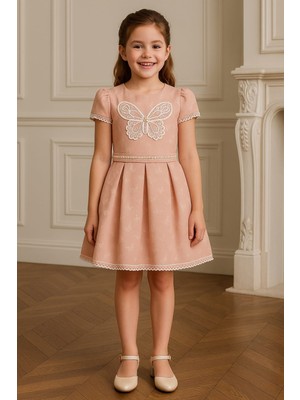 Gamze Akkuş Kelebek Desenli, Pileli, Astarlı Kız Çocuk Abiye Elbise