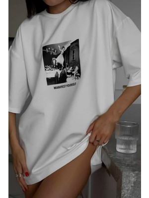 Guaraz Kadın %100 Pamuk Oversize Fit Bisiklet Yaka Baskılı Yazlık Beyaz Baskılı T-Shirt