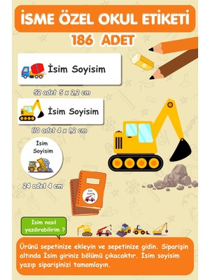 Iş Makinası Temalı Isme Özel Okul Etiketi, Defter, Kalem, Kitap Etiketi / E-022- 186 Adet