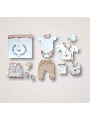 Erguvan Taç Nakışlı  Kız Bebek 10LU Zıbın Takımı Hastane Çıkışı Nar Çiçeği