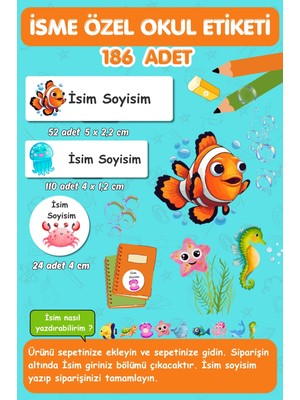 Sualtı Canlıları Isme Özel Okul Etiketi-Kalem, Defter,kitap Etiketi / 186 Adet/ E027