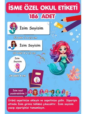 Deniz Kızları Temalı Isme Özel Yazılabilen Etiket/ 186 Adet- Defter-Kalem-Kitap/ E025-OKUL Etiketi