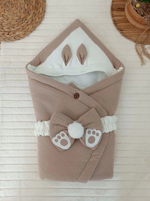 Hazego Yenidoğan 4 Kat Müslin Kumaş Kulaklı Patili Fiyonk Bebek Battaniyesi Kundak Yeşil