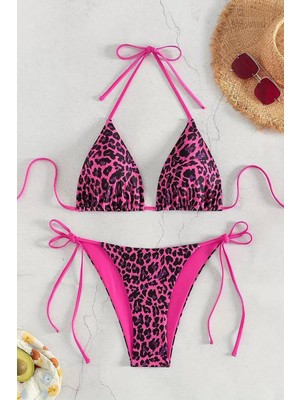 Basic Leopar Bağcıklı Bikini - Pembe