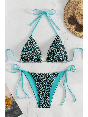 Basic Leopar Bağcıklı Bikini - Mavi