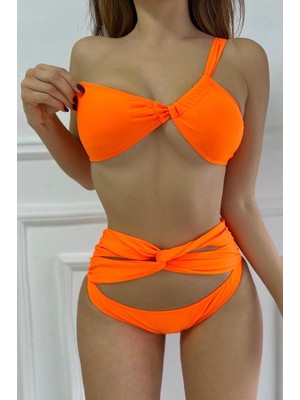 Tek Omuz Büzgülü Bikini - Turuncu