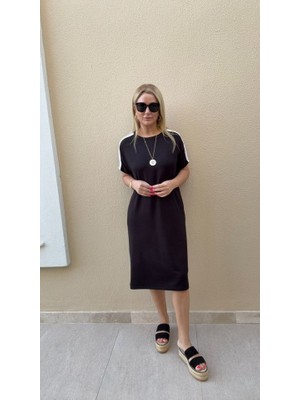 Kadın Kısa Kollu Şerit Detay Midi Boy Elbise