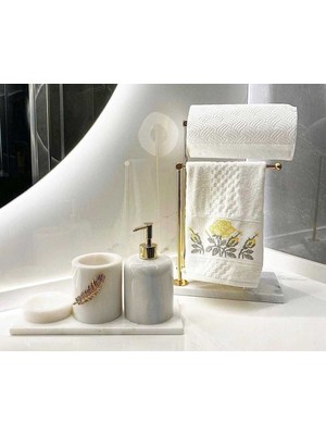 Beyaz Mermer Banyo Seti - 5 Parça, Gold Yaprak Detaylı, Havluluk
