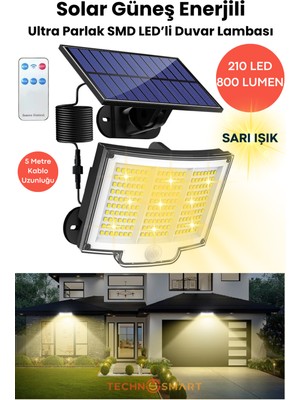 Technosmart Solar 220 LED – 5m Kablolu, IP65, Kumandalı, 3 Modlu, Güneş Enerjili Bahçe Aydınlatma - Sarı Işık
