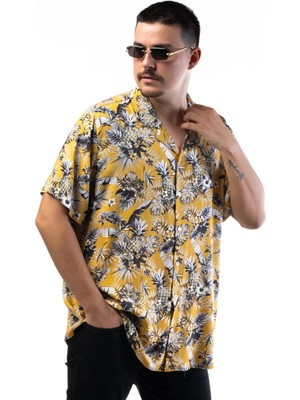 Ananas Desenli Büyük Beden Erkek Gömlek – Desenli Renkli Rahat Kesim Viskon