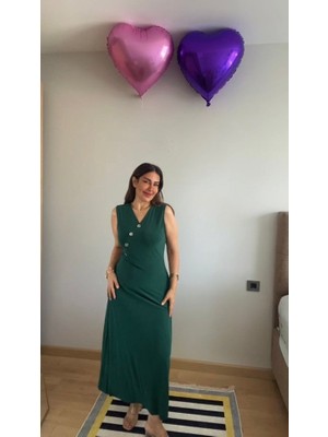 Kadın Kruvaze Yaka Düğme Detay Maxi Boy Elbise