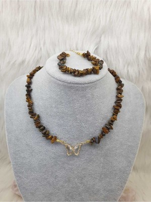 Happy Handmade -  Kaplan Gözü Kırık Taş Bileklik Kolye Set