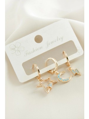 3 Adet Hilal Yıldız Zirkon Taşlı Küpe