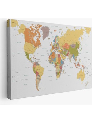Beyaz Zemin Ingilizce Detaylı Dünya Haritası Dekoratif Kanvas Tablo, Duvar Dekoru 1042