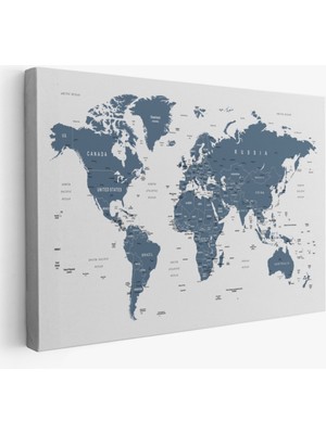 Mavi Tonlar Ingilizce Dünya Haritası Dekoratif Kanvas Tablo, Duvar Dekoru 1062