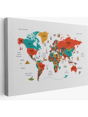 Ülke Başkentli Sembollü Eğitici Türkçe Dünya Haritası Dekoratif Kanvas Tablo, Duvar Dekoru 2290