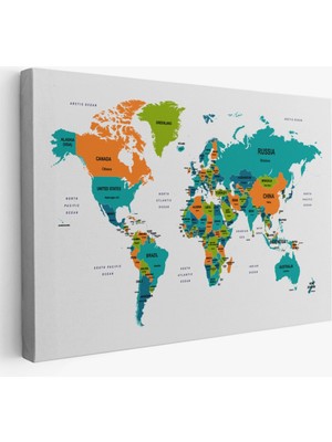 Ülke ve Başkentli Dünya Haritası, Modern Dekoratif Kanvas Tablo, Duvar Dekoru 1531
