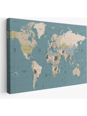 Meridyenli Soft Renkler Ingilizce Dünya Haritası Dekoratif Kanvas Tablo, Duvar Dekoru 1070