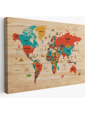 Detaylı Ahşap Görünümlü Ingilizce Dünya Haritası Dekoratif Kanvas Tablo, Duvar Dekoru 2071