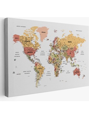 Detaylı ve Eğitici Türkçe Dünya Haritası, Harita Dekoratif Kanvas Tablo, Duvar Dekoru 1624