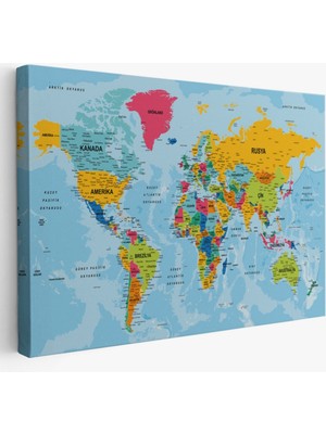 Detaylı Okyanuslu Türkçe Dünya Haritası, Harita Dekoratif Kanvas Tablo, Duvar Dekoru 2170