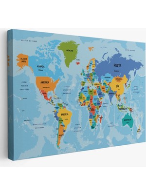 Ülke Başkentli Okyanuslu Türkçe Dünya Haritası Dekoratif Kanvas Tablo, Duvar Dekoru 2260